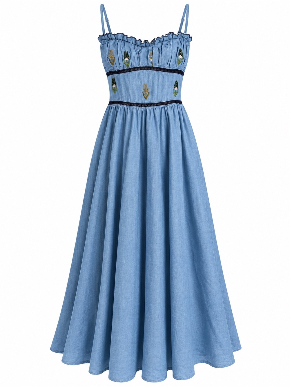 Lug Von Siga Blue Embroidered Cotton Open Back midi Maxi Dress 34 XS